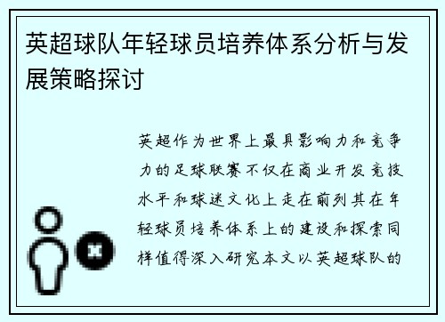 英超球队年轻球员培养体系分析与发展策略探讨